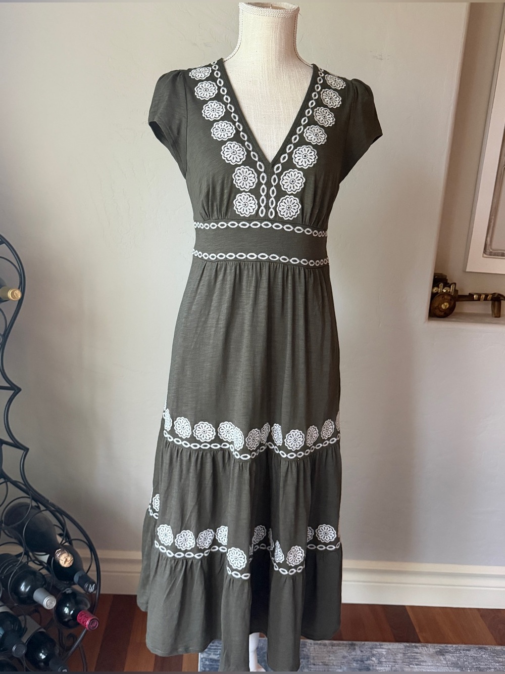 Boden Women's Olive Green Embroidered V-Neck Maxi Dress Size 6P